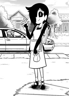 a cartoon girl standing in front of a car with her hand up to the side