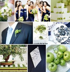 a collage of photos with green and white wedding decorations, flowers, and fruit