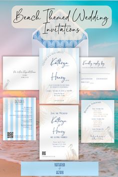 This editable wedding invitation suite captures the romance and ease of coastal luxury in every detail, with colors of soft blue and warm beige, and perfectly sets the tone for your day. Each piece has been thoughtfully designed to provide a cohesive, enchanting, and breezy look from the stunning retro styled blue Envelope Liner offering a delightful surprise upon opening, to the Belly Band wrapping everything together in an elegant bundle. 
This beautiful wedding stationery is editable in Canva and can be easily customized with your event details and sent out to your guests. Artwork can be added/resized/deleted; text color, font, & text size can be changed; background color can be changed.