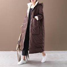 Loose stand collar hooded large pocket long down jacket Hunter Long Puffer Coat, Luxury Long Coat Puffer Outerwear, Long Puffer Coat Uk, Luxury Fall Hooded Jacket With Pockets, Luxury Winter Hooded Jacket With Pockets, Luxury Oversized Puffer Jacket For Cold Weather, Luxury Oversized Women's Parka, Cheap Oversized Women's Outerwear, Luxury Oversized Hooded Jacket For Fall