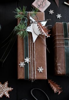 presents wrapped in brown paper and tied with twine