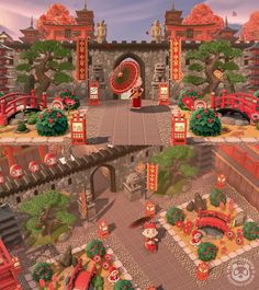 Acnh Island Inspirations Japanese, Acnh China Town Ideas, Acnh Japanese Castle, Red Acnh Island, Acnh Torii, Asian Acnh Island, Acnh China Town, Animal Crossing China Town, Animal Crossing Chinese Design