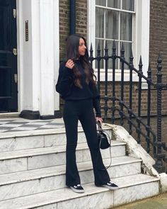 Zahraa زهرة on Instagram: “I didn’t think flares would suit me but I’m love with these flare leggings I got from ASOS recently 🤩 swipe to the end to see what my…” Flare Trousers Outfit Work, Flared Trousers Outfit Winter, Black Flare Trousers Outfit, Flaired Black Leggings Outfit Winter, Flares Outfit Casual, Legging Flare Outfit, Flared Trousers Outfit Casual, Black Spring Flares With Flared Hem, Black Flared Trousers Outfit