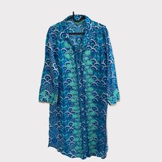 Antica Sartoria X Giacomo Cinque Printed Tunic With Embroirdered Detail Front Button Dress / Beach Cover-Up New Never Used Without Tags Size Medium Length 38"" Pit To Pit 21"" 100% Cotton Blue Turquois Green Tags:Summer, Vacation, Blogger, Beach, St Barths, Customer Satisfaction Guaranteed Smoke Free And Fast Shipping" Blue Printed Dresses For Daywear, Blue Bohemian Tunic For Daywear, Patterned Floral Print Long Sleeve Kaftan, Patterned Long Sleeve Floral Kaftan, Long Sleeve Floral Print Patterned Kaftan, Long Sleeve Patterned Kaftan With Floral Print, Blue Floral Print Long Sleeve Kaftan, Blue Long Sleeve Kaftan With Floral Print, Floral Print Long Sleeve Kaftan For Daywear