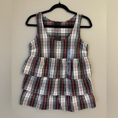 Tommy Hilfiger Plaid Ruffled Tank -Nwt - Size Xs Great Ruffled Top - Plaid With Red, Green, White, And Blue Great For A Holiday Party Or Event Measurements Upon Request Bundle And Save Casual White Tiered Top, White Tiered Casual Tops, Casual Fitted Tiered Top, Casual Cotton Tiered Top, Casual Tiered Cotton Top, Tommy Hilfiger Top, Floral Long Sleeve Shirt, Tommy Hilfiger Sweatshirt, Laced Up Shirt