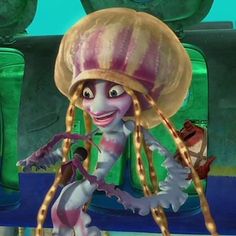 an animated character with long hair wearing a hat and holding a large object in her hand