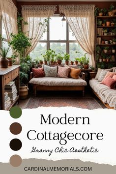 the interior of a living room with plants and potted plants in it, along with text overlay that reads modern cottage