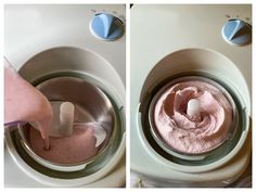 two pictures showing the process of making whipped cream in a toilet bowl, and then mixing it with a hand mixer