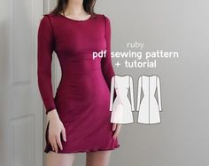 a woman in a red dress standing next to a white door with the words ruby sewing pattern