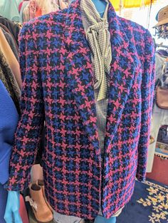 Up for grabs is the awesome raspberry pink and cobalt blue rendition of a houndstooth blazer - good ol' USA made! Marked a size 14. Great condition for age! Model is 33" chest, 24" waist, 35" hips and 62" tall for size reference. Reminder, all sales are final. No returns or exchanges or refunds. Blue Long Sleeve Outerwear With Houndstooth Pattern, Blue Houndstooth Long Sleeve Outerwear, Ladies Blazer, Houndstooth Blazer, Vintage Usa, Favorite Outfit, Jackets & Coats, Gender Neutral, Blazer