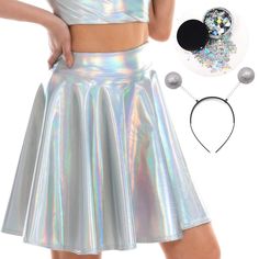 PRICES MAY VARY. Great Value Super Combo Set! 3 pieces Halloween alien women costume accessory Set. (Top is not included) SUPER VALUE PACK: include a Women's shiny liquid metallic holographic pleated flared mini skirt with elastic closure, a pair of glasses shiny headband, and a box of Silver Holographic Chunky Glitter (10g). COMFORTABLE & EASY TO USE: The women’s holographic skirt is made of soft and silky fabric.95% Polyester / 5% Spandex. PERFECT for Halloween role play, costume party, animal Skirt Labuh, Alien Costume, Mini Skater Skirt, Party Rock, Costume Intero, Party Skirt, Linnet, Performance Wear, Womens Fashion Casual