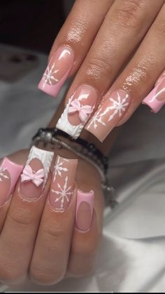 Christmas Nails With Bow, Nails With Bows, Winter Wonderland Nails, Pink Christmas Nails, Pink Winter Wonderland, Nails For Winter, Wonderland Nails, Bow Nails, Cute Pink Nails