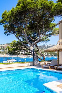 an outdoor swimming pool with lounge chairs and umbrellas next to the water's edge