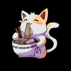 a cat that is eating some noodles out of a bowl with chopsticks in it