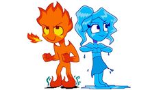 an orange and blue cartoon character standing next to each other with fire coming out of their eyes