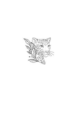 a black and white drawing of a cheetah with leaves on it's head