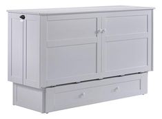 a white cabinet with two drawers and one door open