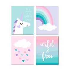 four cards with unicorns, clouds and hearts in pastel pink blue green and purple