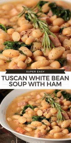 white bean soup with ham and spinach in a bowl on the side, topped with rosemary sprigs