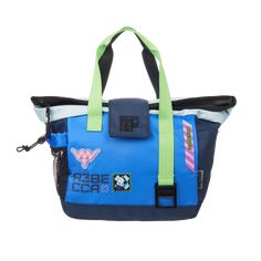 a blue and green handbag with the words rescue care on it's side