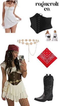 a woman in a white dress and black boots is holding a cell phone while wearing a pirate costume