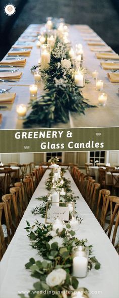 the table is set up with candles and greenery for an elegant dinner party or reception