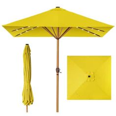 an umbrella with lights on it is shown in the color yellow, and has a wooden pole