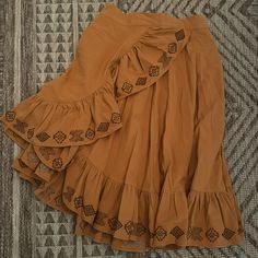 Aztec Boho Salsa Tiered Skirt. Zipper Back. Embroidered Thick Luxurious Material Warm Bohemian Camel Orange Traditional Ruffled Skirt For Summer, Embroidered Skirt For Vacation, Ruffle Hem Skirt, Boho Skirt, Skirt Zipper, Long Maxi Skirts, Boho Skirts, Hem Skirt, Tier Skirt