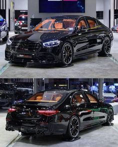 two pictures of the same car on display at an auto show, one is black and the other is red