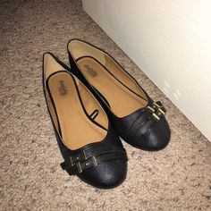 Size 8 Brand New. Only Tried On, Not Worn Chic Black Flats With Buckle Closure, Casual Black Flats With Buckle Closure, Black Casual Flats With Buckle Closure, Black Slip-on Flats With Buckle Closure, Flat Black Shoes, Black Flats Shoes, Shoes Color, Chanel Ballet Flats, Black Flats