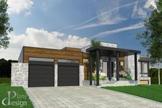 a rendering of a modern house with two garages on the front and one side