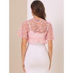 An elegant shrug with a flowy trim offers a charming look for day or night. It is designed with a cropped fit and a tie front design for a comfortable fit. This lace floral cardigan features a ruffle hem and cropped fit, perfectly covered up with sleeveless dresses for a wedding/evening look. Suitable for casual, work, date, wedding, evening parties, cocktails, night out, and daily wear. Modern and elegant, this cardigan style with softly lace fabric. A must-have item in your clothing wardrobe, Spring Party Cropped Shrug, Cropped Shrug For Spring Party, Spring Fitted Shrug With Lace Trim, Spring Party Shrug With Lace Trim, Pink Fitted Open Front Top, Pink Open Front Fitted Tops, Elegant Shrug, Cocktails Night, Dresses For A Wedding