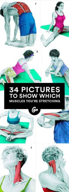 four pictures showing how to stretch out the back and neck muscles in order to improve postures