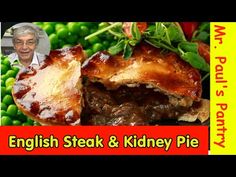 an old man is looking at some meat and vegetables on the table with words english steak & kidney pie