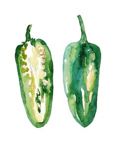 two green peppers painted with watercolors on white paper, each one in different colors