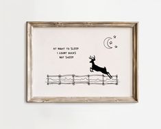 a black and white drawing of a deer jumping over a fence