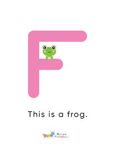 the letter f has a frog on it's head and is pink with black lettering