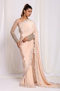 Water gold pre-draped saree with flower intricate cutwork border. Comes with padded blouse with dazzling intricate cutdana hand work. - Aza Fashions