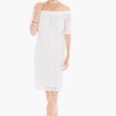 This Is A Chicos Dress. Size 2.5 P. White Lace . Lined. Off The Shoulders. Measurements Are Pit To Pit 22". Top To Bottom 34". Summer Formal Sheath Lace Dress, Summer Sheath Lace Dress For Formal Occasions, Sheath Lace Dress For Summer Formal Events, Elegant Midi Lace Dress For Day Out, Elegant Spring Lace Dress For Day Out, Elegant Lace Dress For Spring Day Out, Elegant Lace Dress For Day Out, White Lace Dress, Lace White Dress