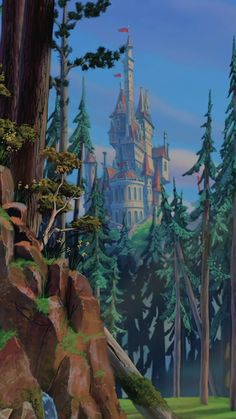 a painting of a castle in the middle of a forest with lots of trees and rocks