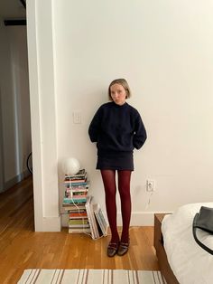 Fall Outfits With Mary Jane Shoes, Brown Tights Outfit Winter, Tights With Mary Janes, Sezane Mary Janes, Fall Outfit With Tights, Mary Janes Skirt Outfit, Mary Jane Shoes Outfit Work, Burgundy And Navy Outfit, Winter Outfits Mini Skirt