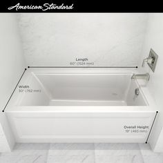 an american standard bathtub with measurements for the size and width, shown in white