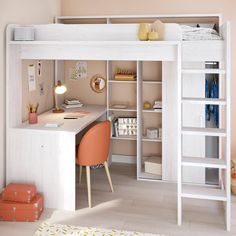 a white loft bed with desk and chair next to bookshelf in the room