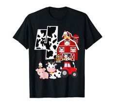 a black shirt with farm animals on it and a red truck in front of the barn