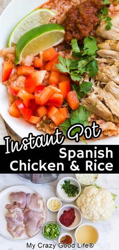 the ingredients for instant pot chicken and rice on a plate with limes, cilantro