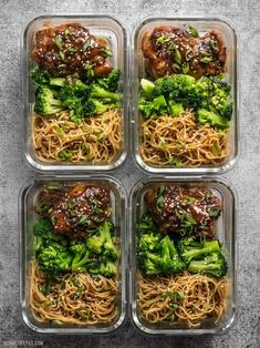 four plastic containers filled with food on top of a gray tablecloth and two are holding broccoli