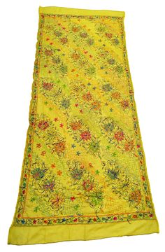 "Item Description This beautiful Vintage Indian Kantha Embroidered Dupatta, Georgette Fabric Women Stole, Traditional Ethnic Scarf Neck Wrap Wedding Party wear Dupatta phulkari dupatta on handloom Shefon fabric has been hand embroidered with wool thread and sequins. A graceful and stunning accessory . Phulkari which literally means Flower work is a most beautiful embroidery work from Punjab. Phulkari embroidery involves designs in floral motifs done in very bright colours. Condition : Used Fabri Yellow Embroidered Fabric For Festivals, Diwali Party Yellow Embroidered Fabric, Yellow Embroidered Fabric With Pallu For Festive Occasions, Yellow Bollywood Embroidered Fabric For Party, Festive Yellow Embroidered Fabric, Yellow Embroidered Fabric With Zari Work For Party, Semi-stitched Yellow Fabric With Floral Embroidery, Yellow Embroidered Fabric With Resham Embroidery, Yellow Resham Embroidery Fabric For Festive Occasions