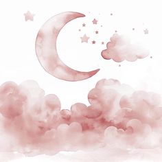 a watercolor painting of a crescent and stars in the sky with pink clouds around it