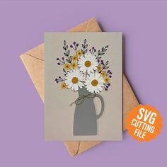 a greeting card with daisies and leaves in a gray vase on a purple background