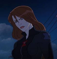 an animated image of a woman with long red hair standing in front of power lines